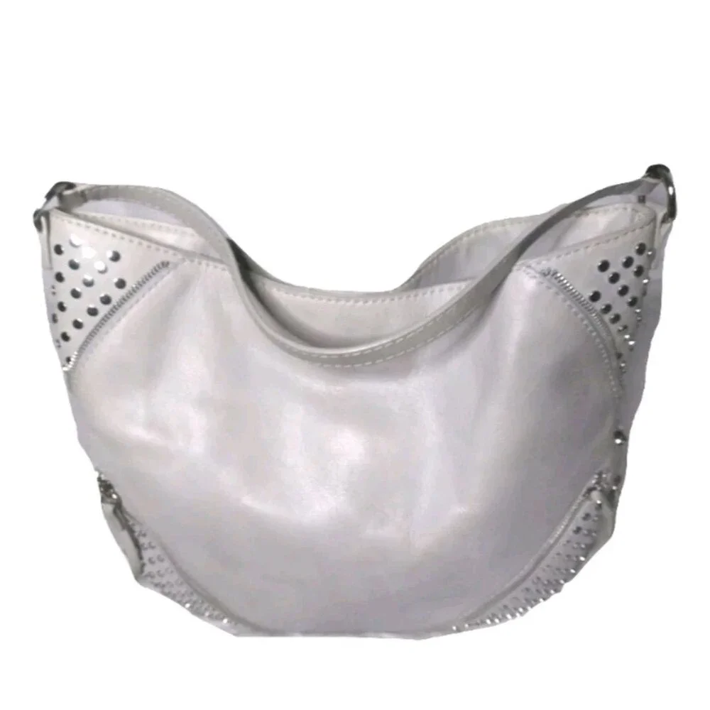She+Lo  Leather Hobo Shoulder Bag  Studs Tassel Boho Bag Gray Taupe Retail $280